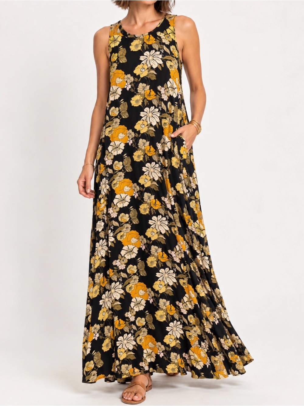 Natural Life Floral Maxi Dress Women’s M Black Yellow Boho Sleeveless Rayon